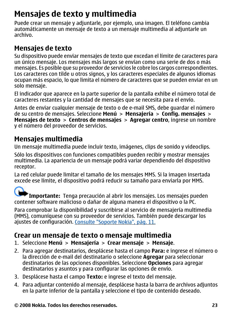 Mensajes de texto y multimedia, Mensajes de texto, Mensajes multimedia | Crear un mensaje de texto o mensaje multimedia, Crear un mensaje de texto o mensaje, Multimedia | Nokia 3600 User Manual | Page 80 / 118