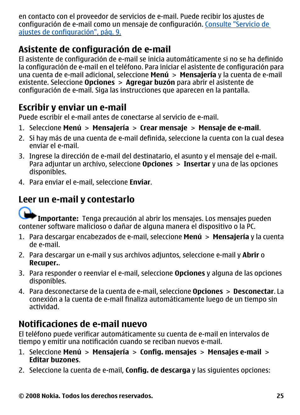 Asistente de configuración de e-mail, Escribir y enviar un e-mail, Leer un e-mail y contestarlo | Notificaciones de e-mail nuevo, Asistente de configuración de, E-mail | Nokia 3600 User Manual | Page 82 / 118