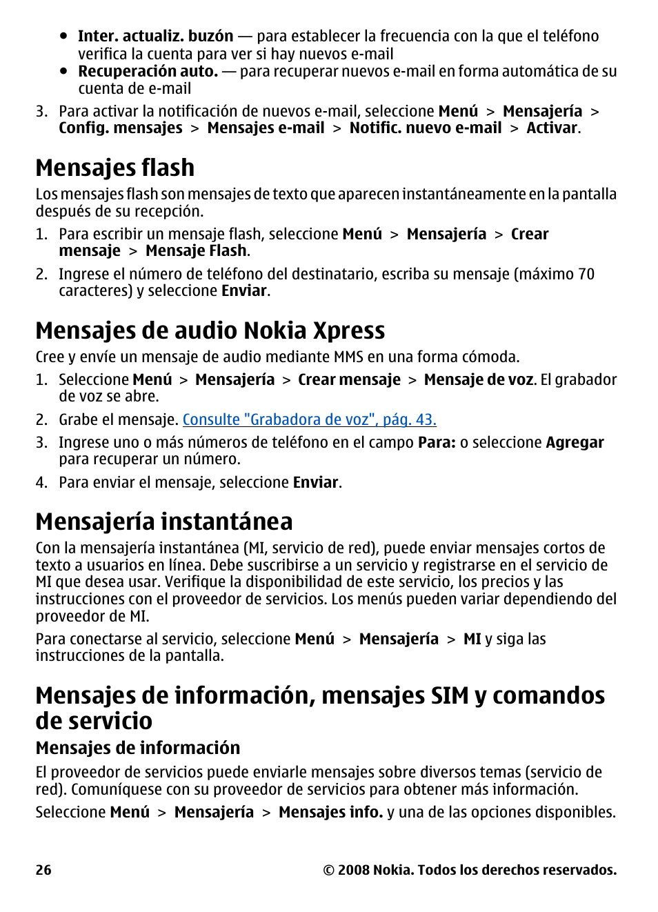 Mensajes flash, Mensajes de audio nokia xpress, Mensajería instantánea | Mensajes de información, mensajes sim, Y comandos de servicio | Nokia 3600 User Manual | Page 83 / 118