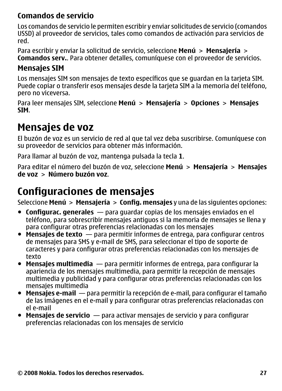 Mensajes de voz, Configuraciones de mensajes | Nokia 3600 User Manual | Page 84 / 118