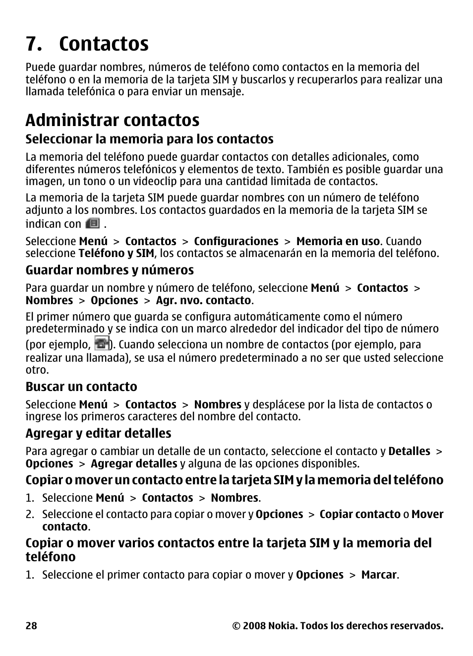 Contactos, Administrar contactos, Consulte | Administrar contactos", pág. 28 | Nokia 3600 User Manual | Page 85 / 118