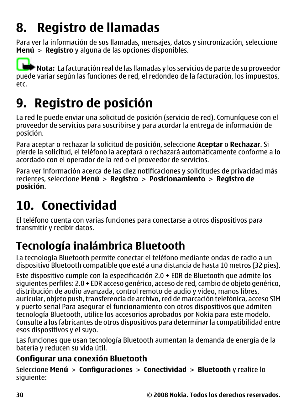 Registro de llamadas, Registro de posición, Conectividad | Tecnología inalámbrica bluetooth, Tecnología inalámbrica, Bluetooth | Nokia 3600 User Manual | Page 87 / 118
