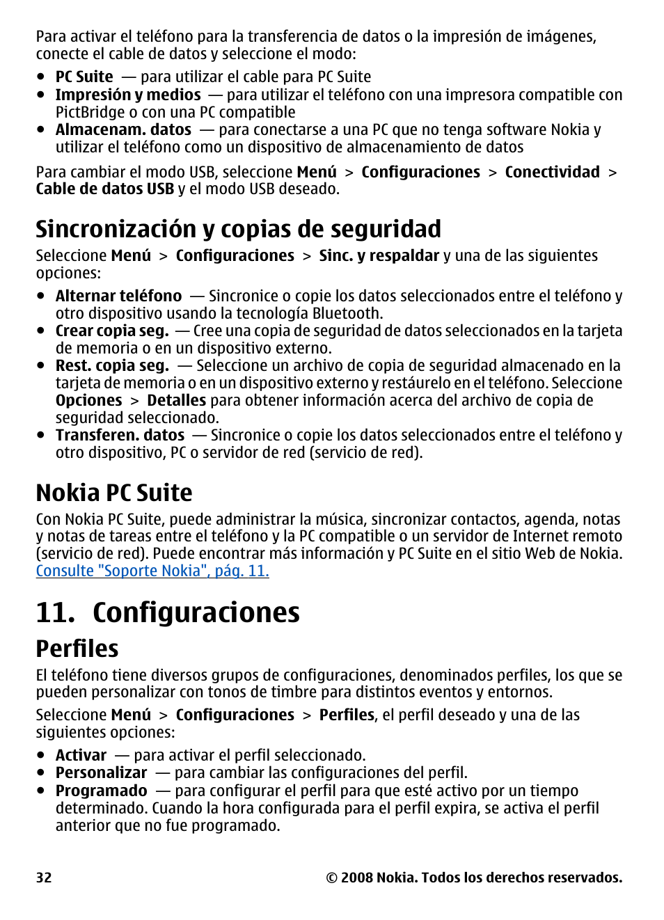 Sincronización y copias de seguridad, Nokia pc suite, Configuraciones | Perfiles, Sincronización y copias de, Seguridad | Nokia 3600 User Manual | Page 89 / 118