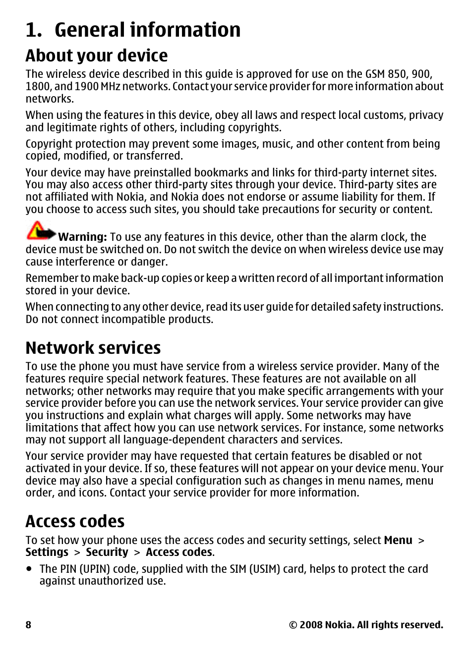 General information, About your device, Network services | Access codes | Nokia 3600 User Manual | Page 9 / 118