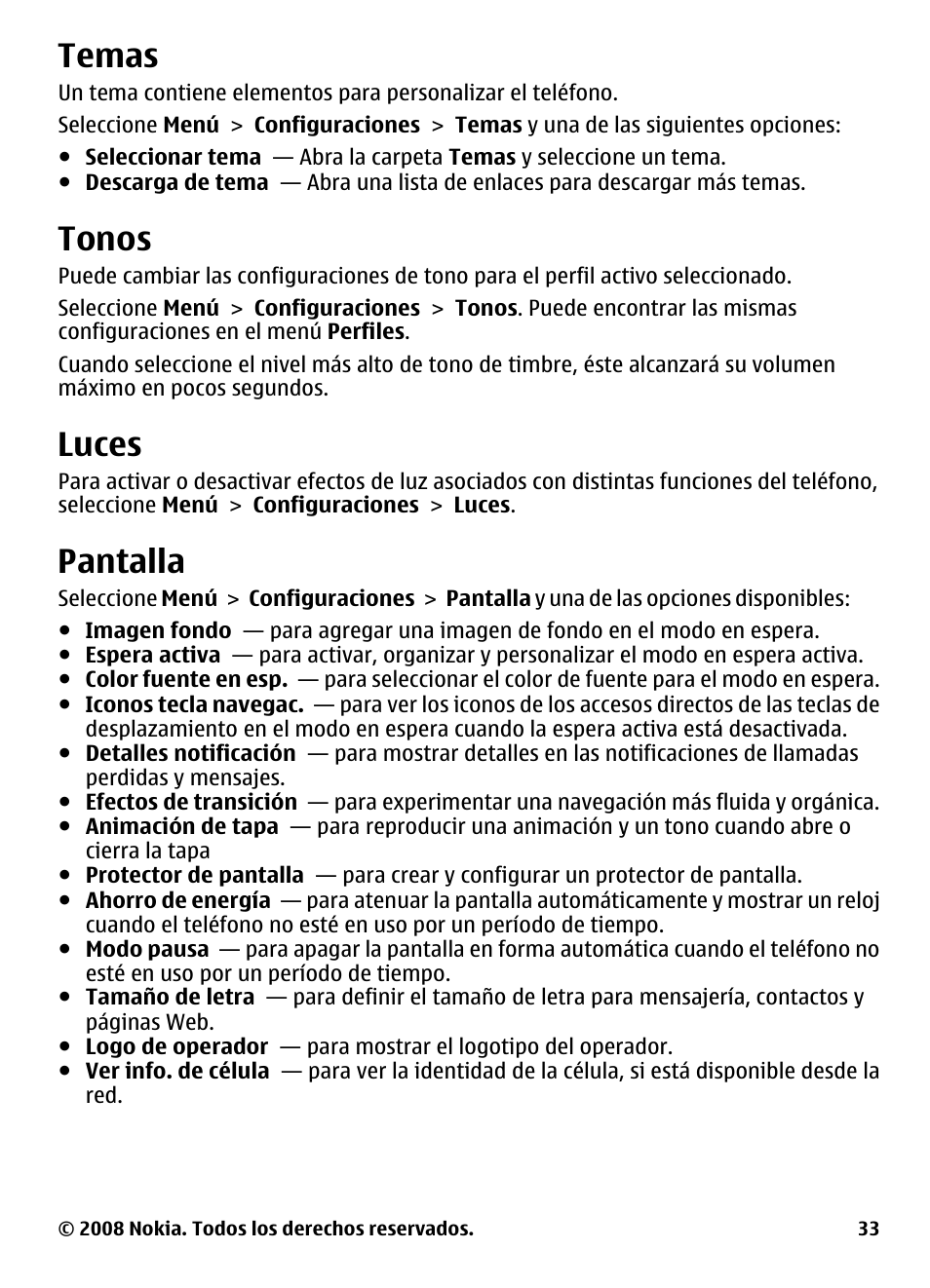 Temas, Tonos, Luces | Pantalla | Nokia 3600 User Manual | Page 90 / 118