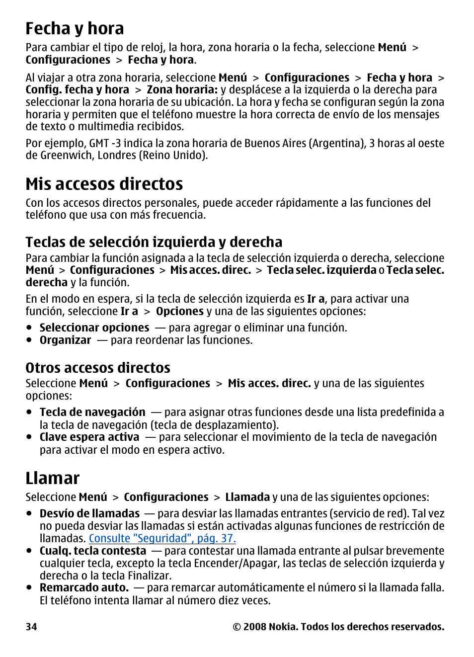 Fecha y hora, Mis accesos directos, Teclas de selección izquierda y derecha | Otros accesos directos, Llamar, Teclas de selección izquierda y, Derecha, Consulte "fecha y hora", pág. 34 | Nokia 3600 User Manual | Page 91 / 118