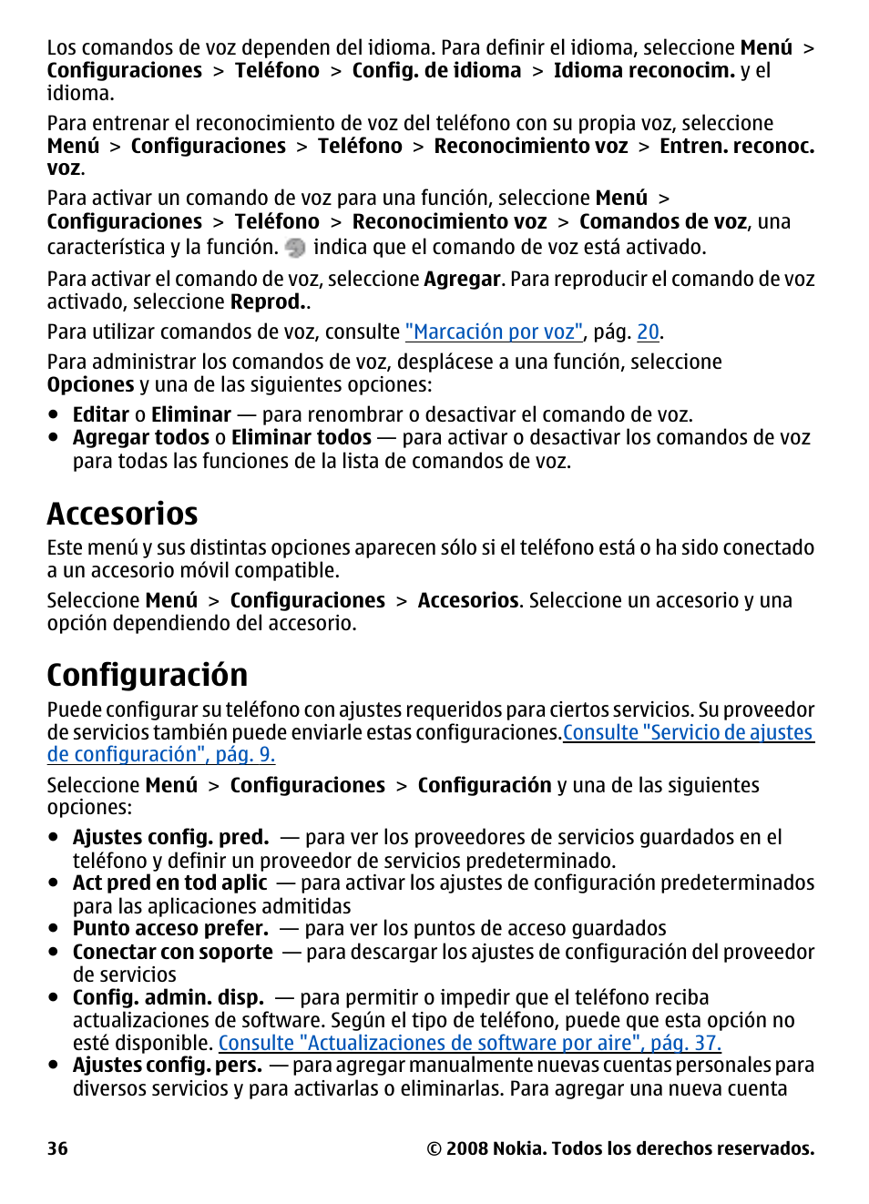 Accesorios, Configuración | Nokia 3600 User Manual | Page 93 / 118