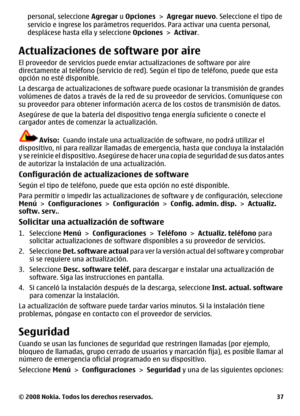 Actualizaciones de software por aire, Seguridad, Actualizaciones de software por | Aire | Nokia 3600 User Manual | Page 94 / 118