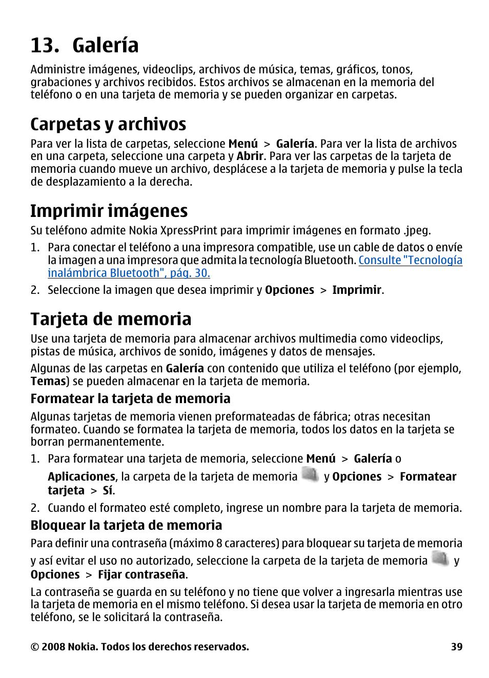 Galería, Carpetas y archivos, Imprimir imágenes | Tarjeta de memoria | Nokia 3600 User Manual | Page 96 / 118