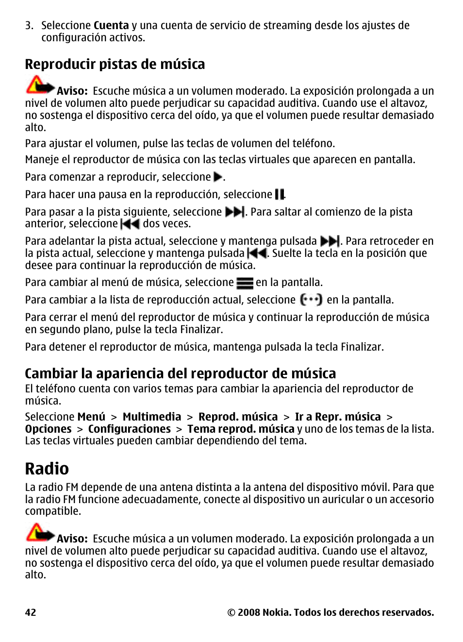 Reproducir pistas de música, Cambiar la apariencia del reproductor de música, Radio | Cambiar la apariencia del reproductor, De música | Nokia 3600 User Manual | Page 99 / 118
