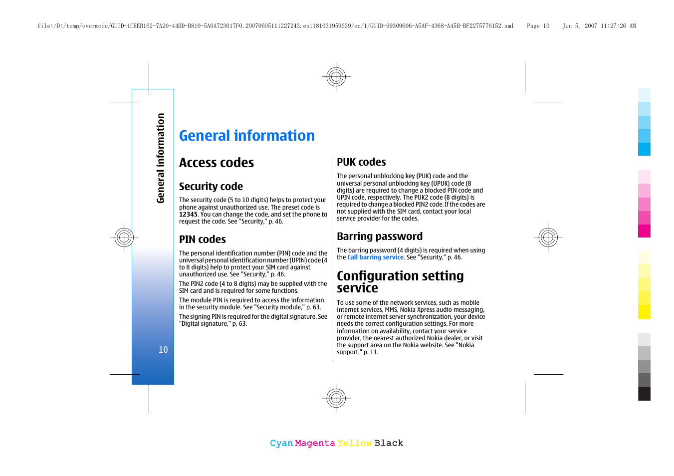 General information, Access codes, Security code | Pin codes, Puk codes, Barring password, Configuration setting service | Nokia 3109 User Manual | Page 12 / 86