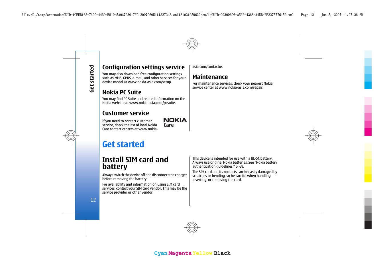 Configuration settings service, Nokia pc suite, Customer service | Maintenance, Get started, Install sim card and battery | Nokia 3109 User Manual | Page 14 / 86