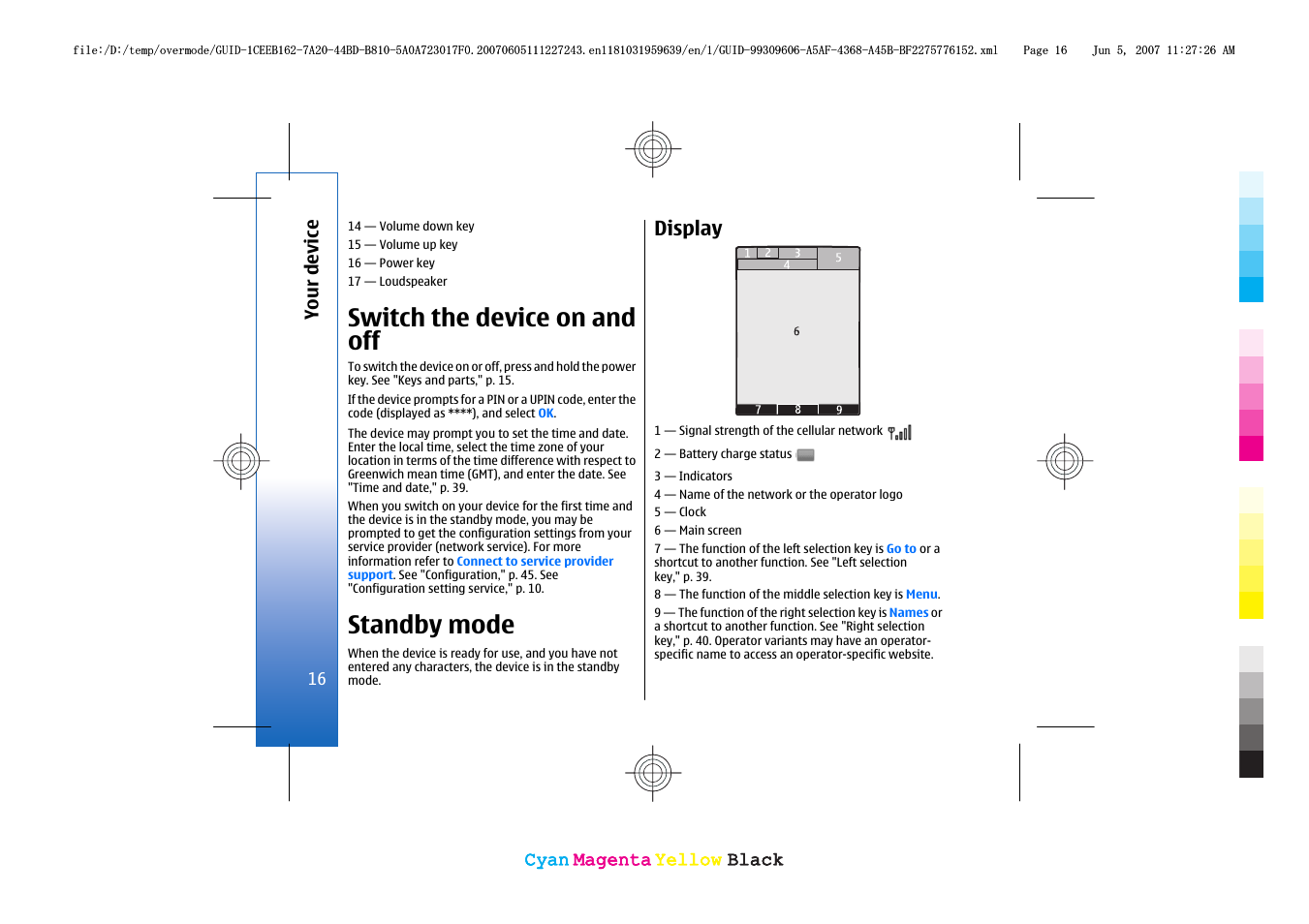 Switch the device on and off, Standby mode, Display | Nokia 3109 User Manual | Page 18 / 86