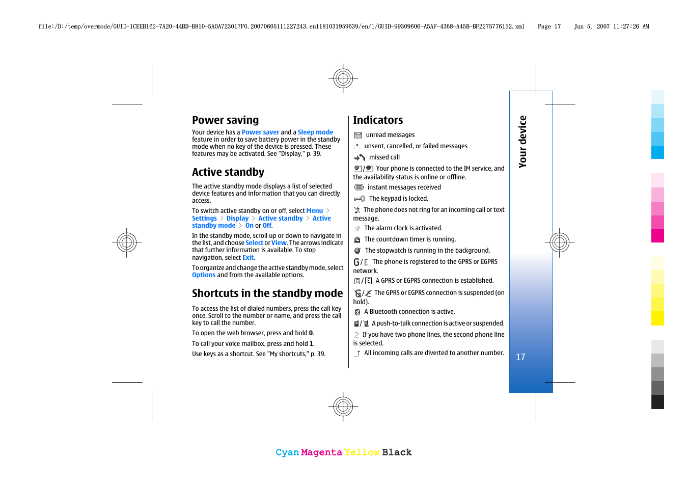 Power saving, Active standby, Shortcuts in the standby mode | Indicators | Nokia 3109 User Manual | Page 19 / 86