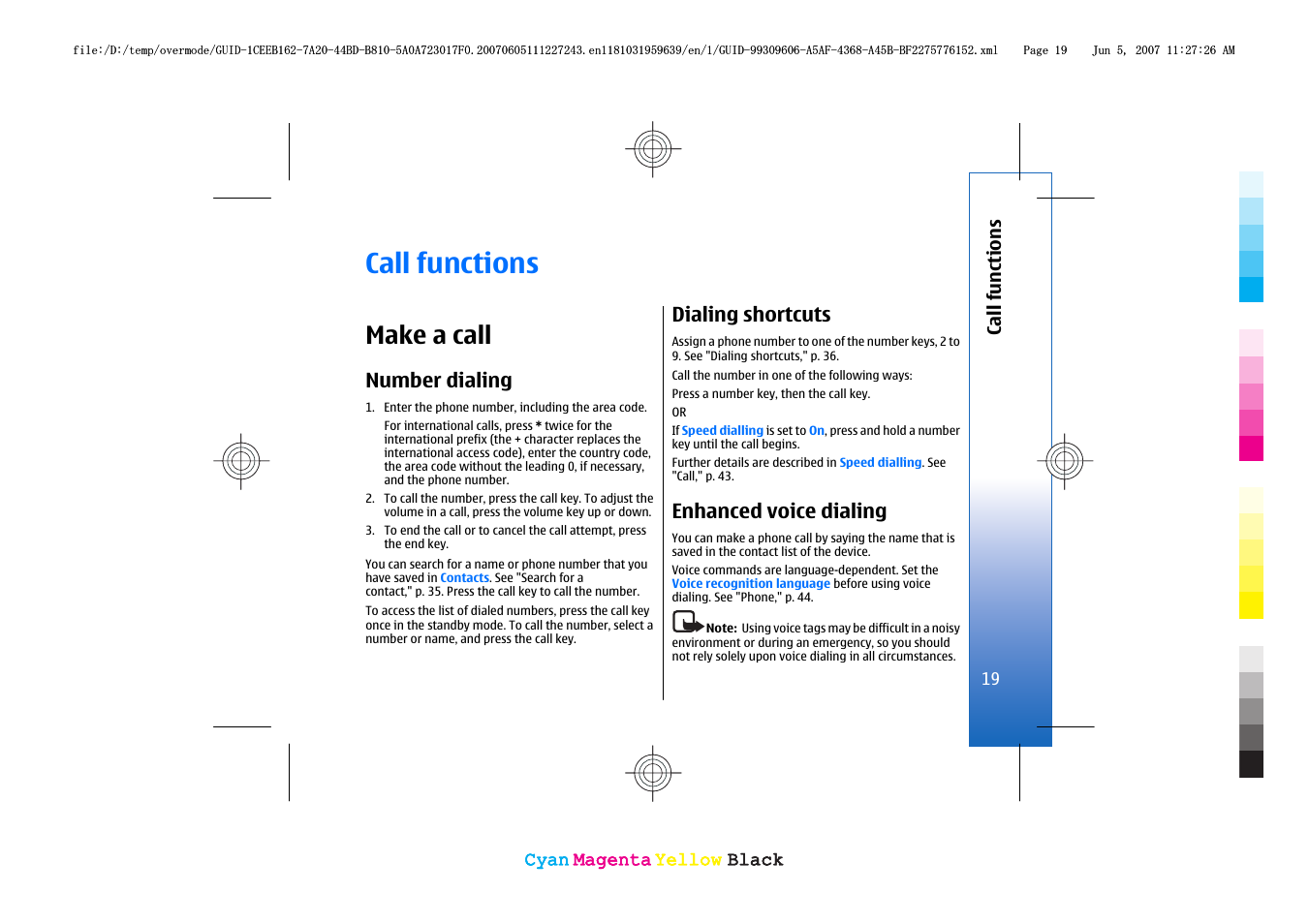 Call functions, Make a call, Number dialing | Dialing shortcuts, Enhanced voice dialing | Nokia 3109 User Manual | Page 21 / 86