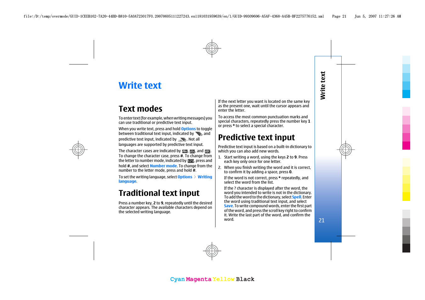 Write text, Text modes, Traditional text input | Predictive text input | Nokia 3109 User Manual | Page 23 / 86