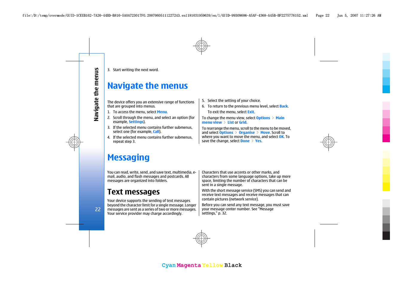 Navigate the menus, Messaging, Text messages | Navigate the menus messaging | Nokia 3109 User Manual | Page 24 / 86