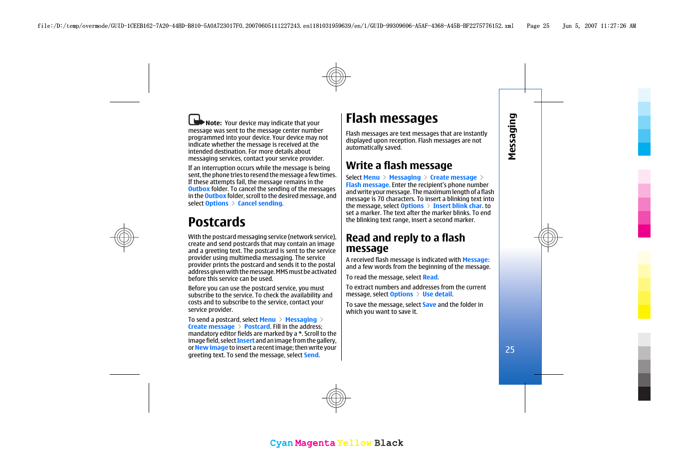 Postcards, Flash messages, Write a flash message | Read and reply to a flash message | Nokia 3109 User Manual | Page 27 / 86