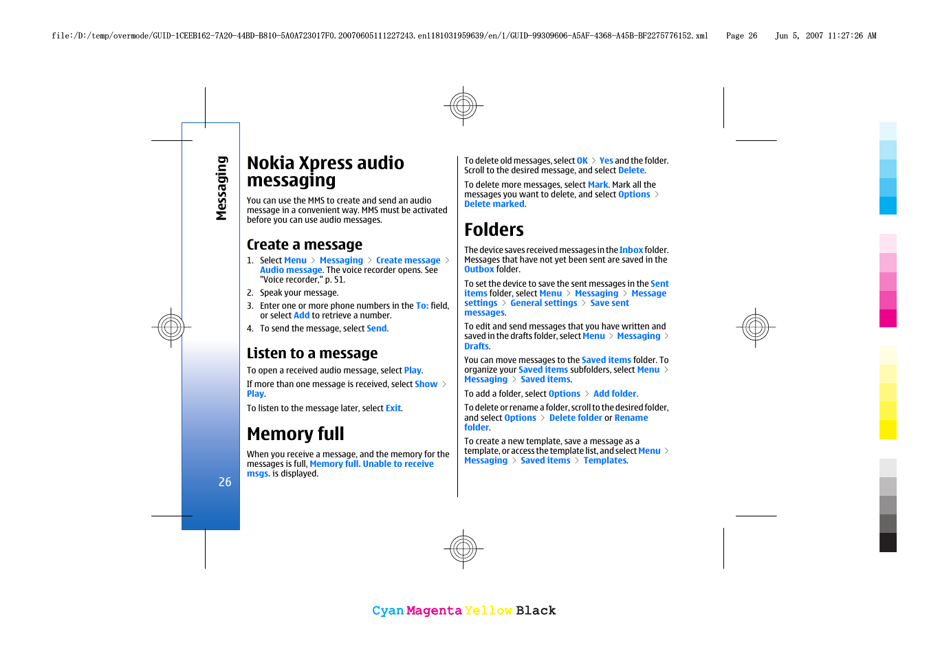 Nokia xpress audio messaging, Create a message, Listen to a message | Memory full, Folders | Nokia 3109 User Manual | Page 28 / 86