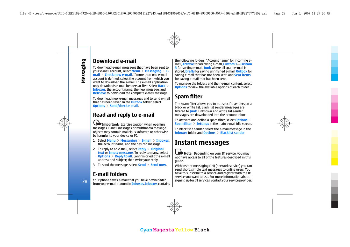 Download e-mail, Read and reply to e-mail, E-mail folders | Spam filter, Instant messages | Nokia 3109 User Manual | Page 30 / 86