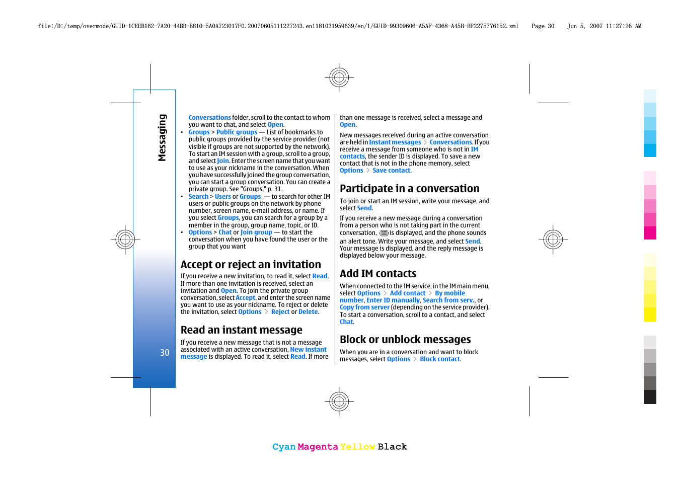 Accept or reject an invitation, Read an instant message, Participate in a conversation | Add im contacts, Block or unblock messages | Nokia 3109 User Manual | Page 32 / 86