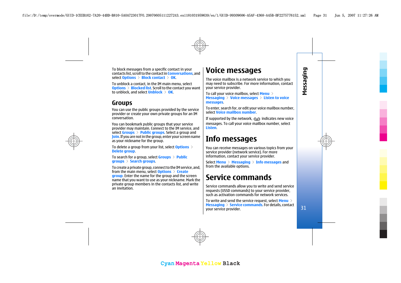 Groups, Voice messages, Info messages | Service commands | Nokia 3109 User Manual | Page 33 / 86