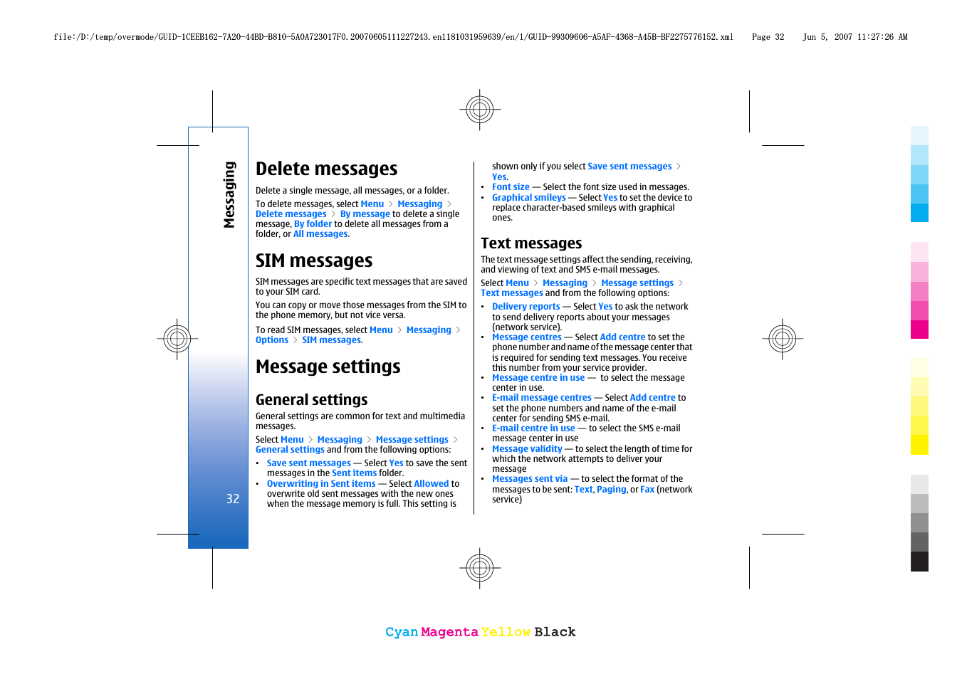 Delete messages, Sim messages, Message settings | General settings, Text messages, See "message settings," p. 32 | Nokia 3109 User Manual | Page 34 / 86