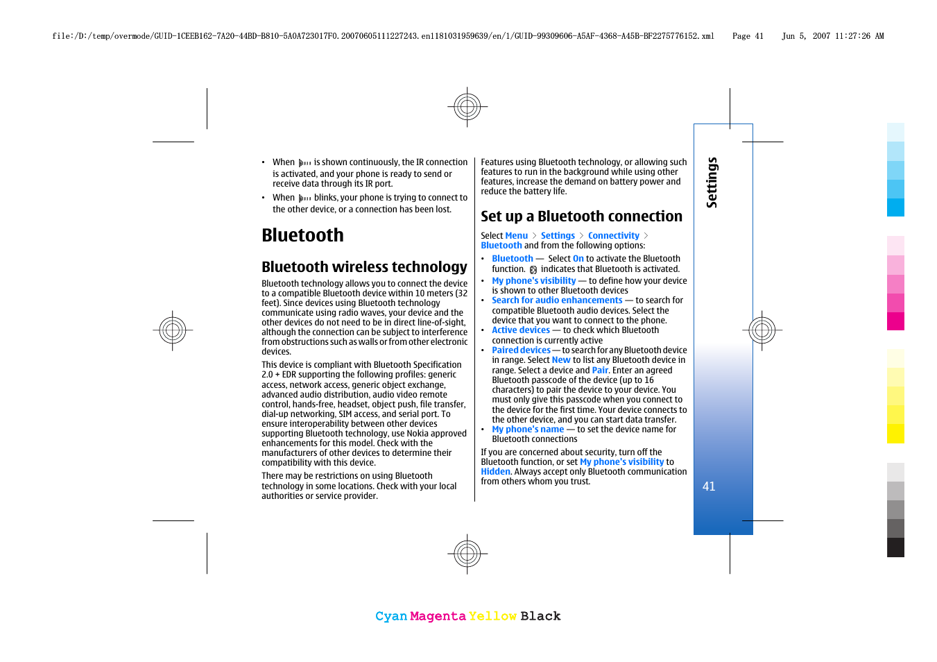 Bluetooth, Bluetooth wireless technology, Set up a bluetooth connection | Nokia 3109 User Manual | Page 43 / 86