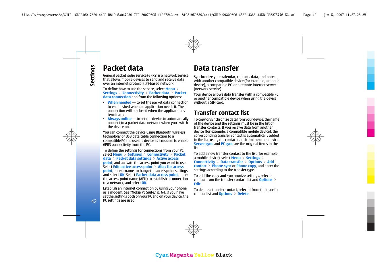 Packet data, Data transfer, Transfer contact list | Nokia 3109 User Manual | Page 44 / 86