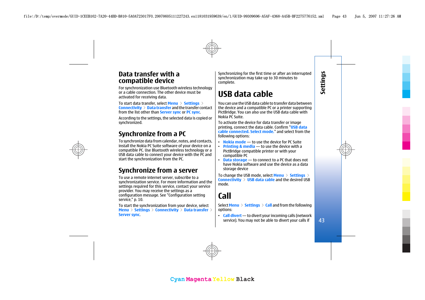 Data transfer with a compatible device, Synchronize from a pc, Synchronize from a server | Usb data cable, Call, Call," p. 43 | Nokia 3109 User Manual | Page 45 / 86