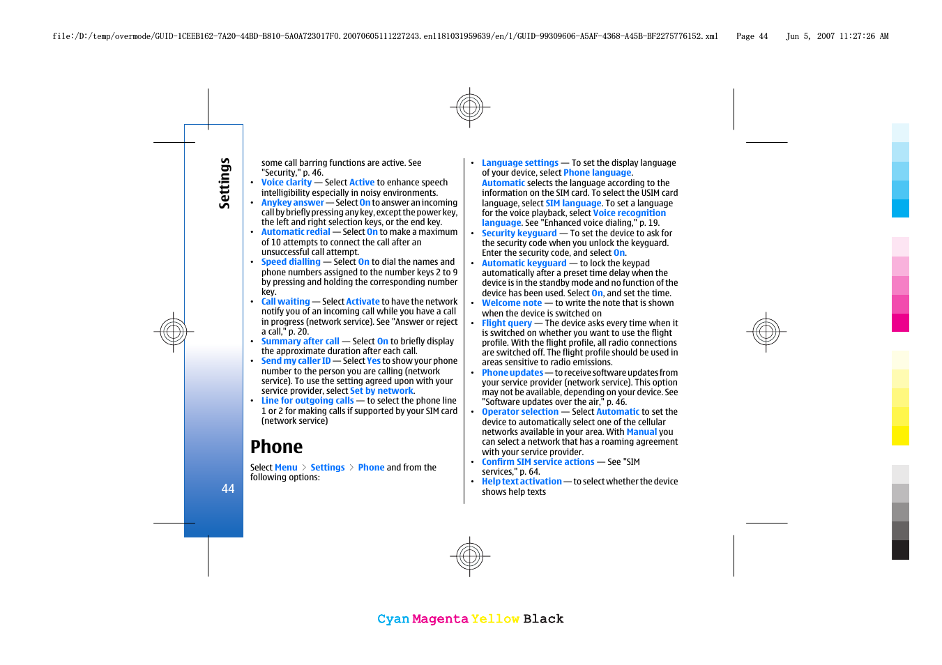 Phone, See "phone," p. 44, Cyan | Cyan magenta magenta yellow yellow black black | Nokia 3109 User Manual | Page 46 / 86