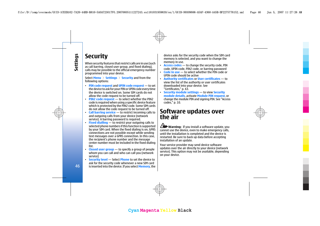 Security, Software updates over the air, See "security," p. 46 | Security," p. 46, Software updates over the air," p. 46 | Nokia 3109 User Manual | Page 48 / 86