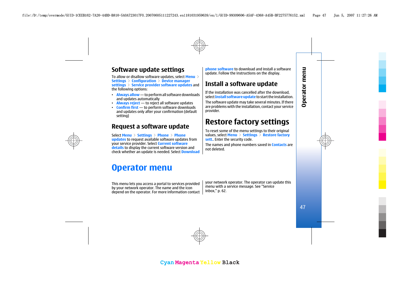 Software update settings, Request a software update, Install a software update | Restore factory settings, Operator menu | Nokia 3109 User Manual | Page 49 / 86