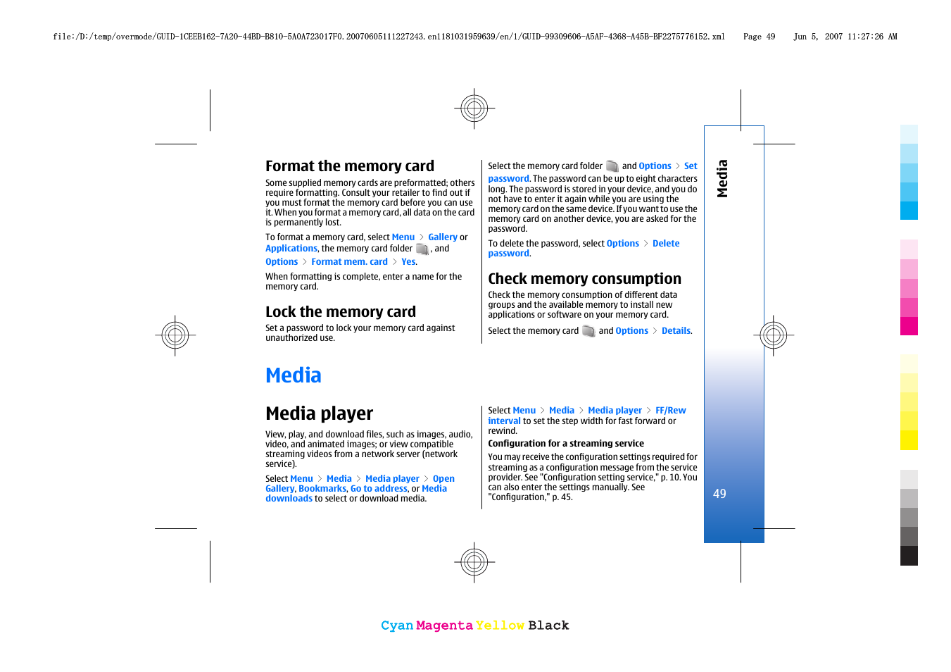 Format the memory card, Lock the memory card, Check memory consumption | Media, Media player | Nokia 3109 User Manual | Page 51 / 86