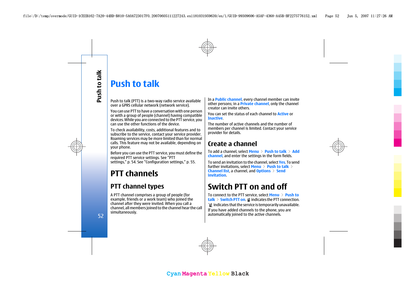 Push to talk, Ptt channels, Ptt channel types | Create a channel, Switch ptt on and off | Nokia 3109 User Manual | Page 54 / 86