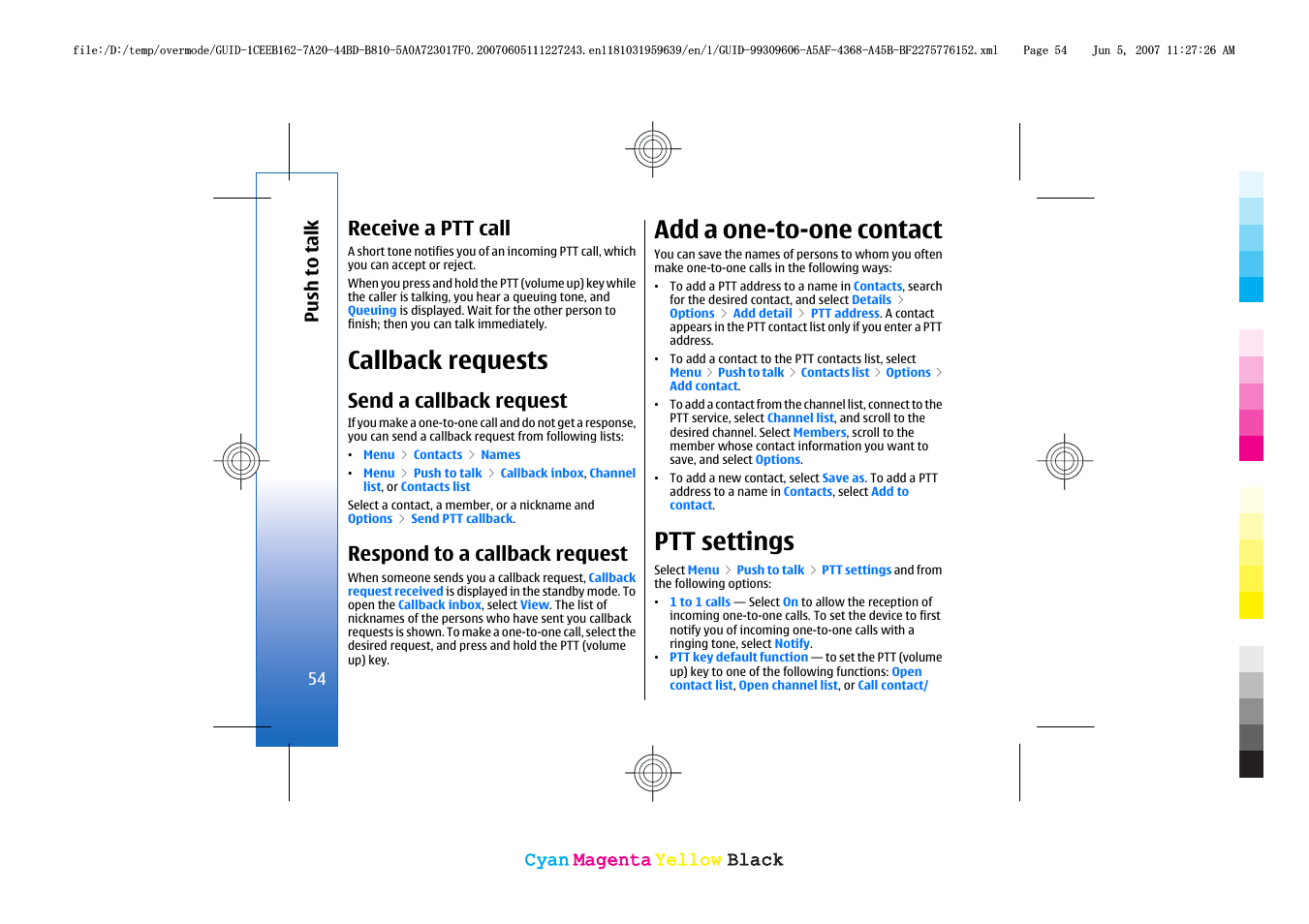 Receive a ptt call, Callback requests, Send a callback request | Respond to a callback request, Add a one-to-one contact, Ptt settings | Nokia 3109 User Manual | Page 56 / 86
