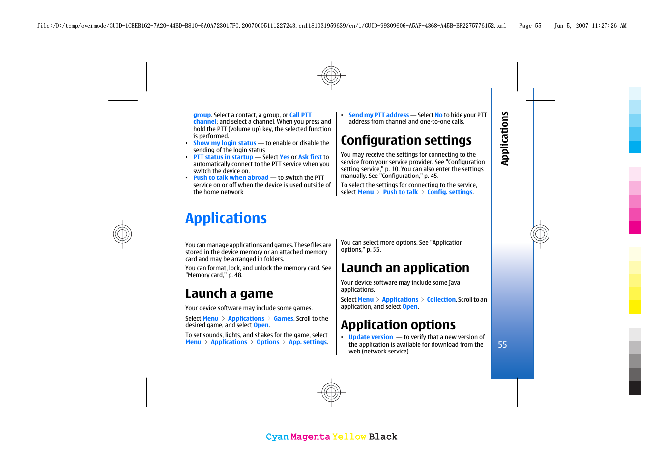 Configuration settings, Applications, Launch a game | Launch an application, Application options | Nokia 3109 User Manual | Page 57 / 86