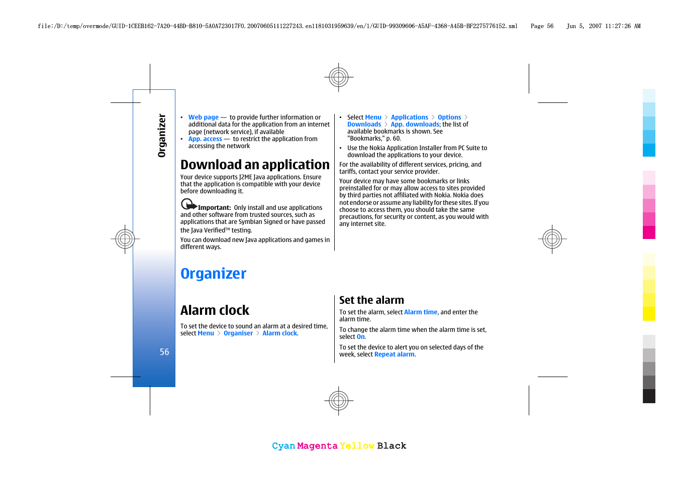 Download an application, Organizer, Alarm clock | Set the alarm | Nokia 3109 User Manual | Page 58 / 86