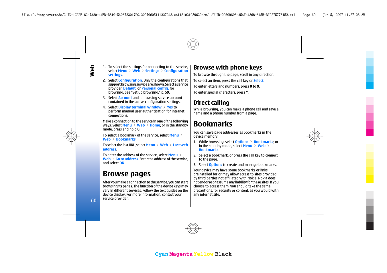 Browse with phone keys, Direct calling, Bookmarks | Browse pages | Nokia 3109 User Manual | Page 62 / 86