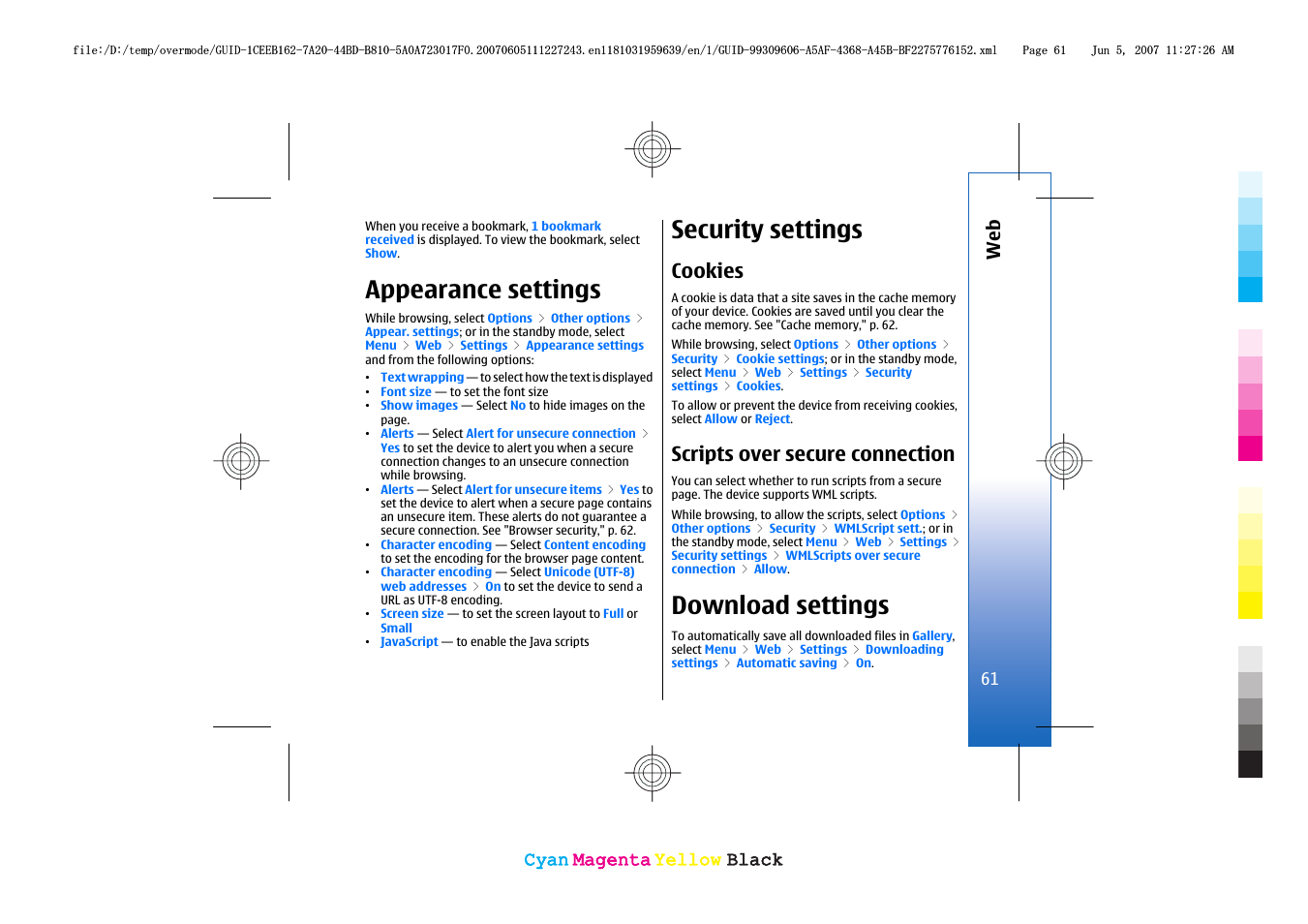 Appearance settings, Security settings, Cookies | Scripts over secure connection, Download settings | Nokia 3109 User Manual | Page 63 / 86