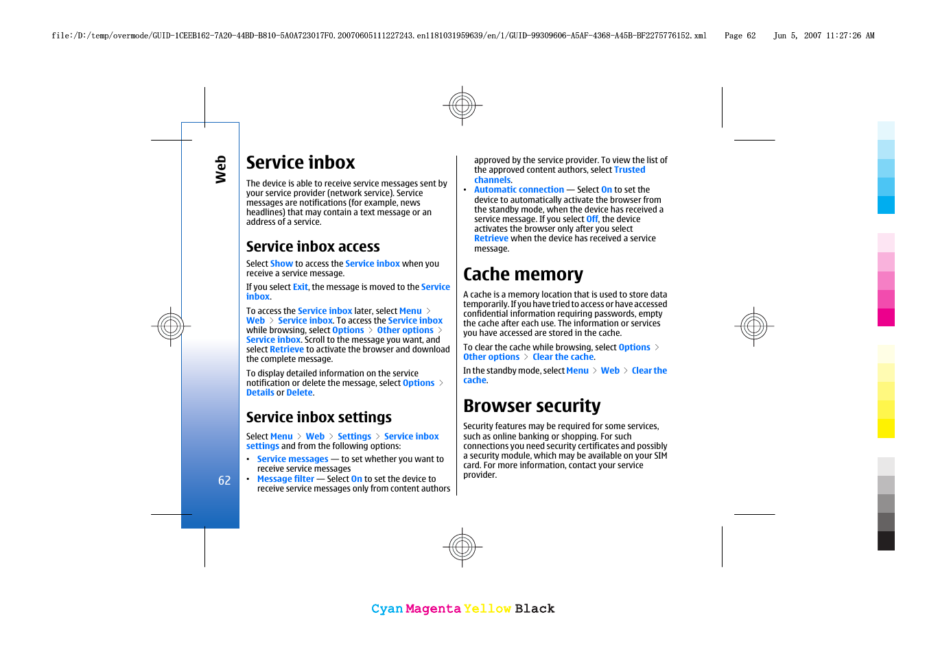 Service inbox, Service inbox access, Service inbox settings | Cache memory, Browser security | Nokia 3109 User Manual | Page 64 / 86