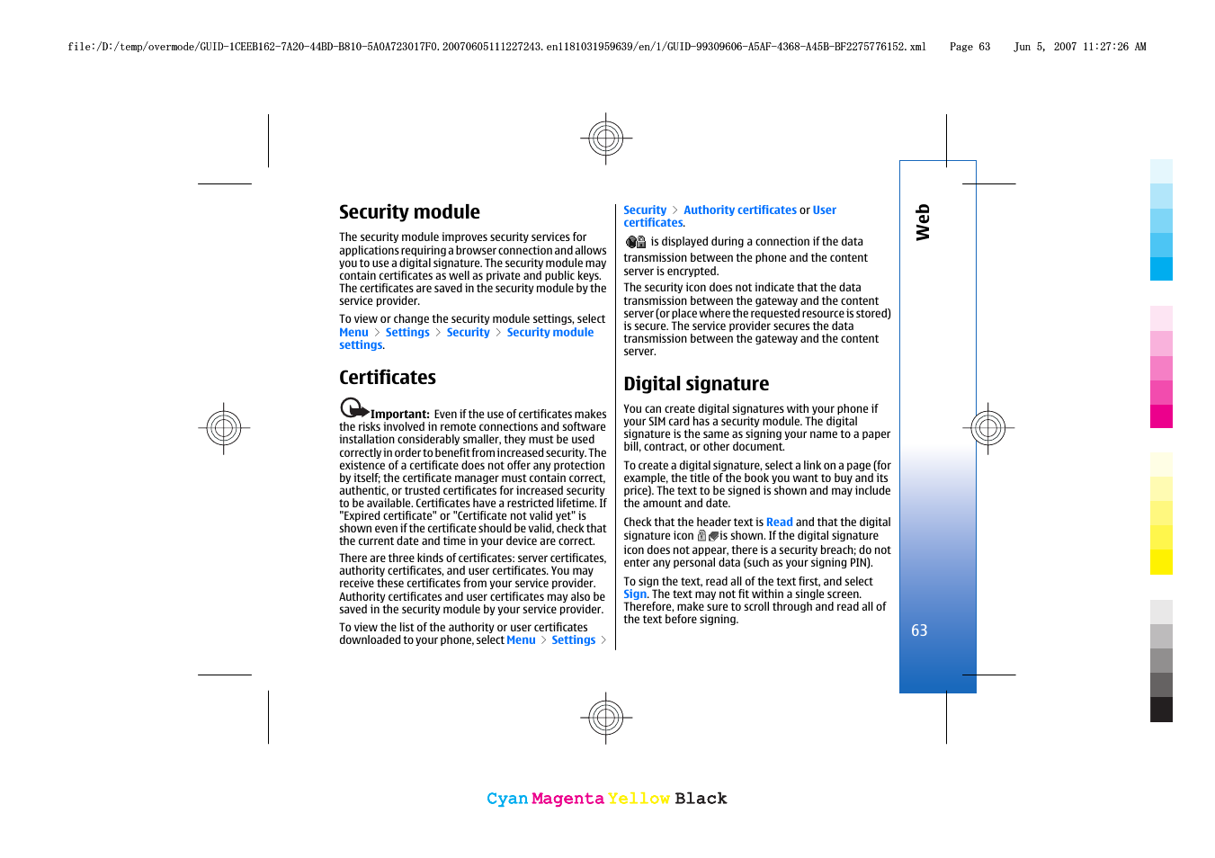 Security module, Certificates, Digital signature | Dule. see "security module," p. 63, Digital signature," p. 63, E. see, Certificates," p. 63 | Nokia 3109 User Manual | Page 65 / 86