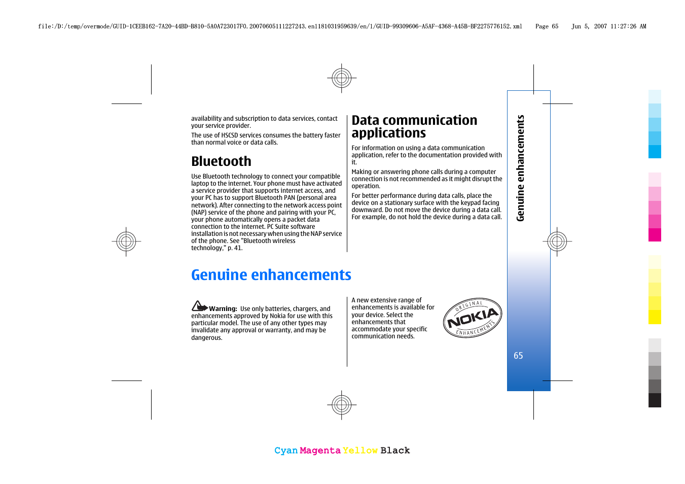 Bluetooth, Data communication applications, Genuine enhancements | Nokia 3109 User Manual | Page 67 / 86