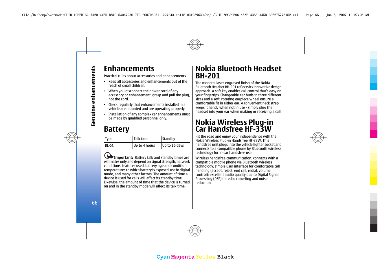 Enhancements, Battery, Nokia bluetooth headset bh-201 | Nokia wireless plug-in car handsfree hf-33w | Nokia 3109 User Manual | Page 68 / 86