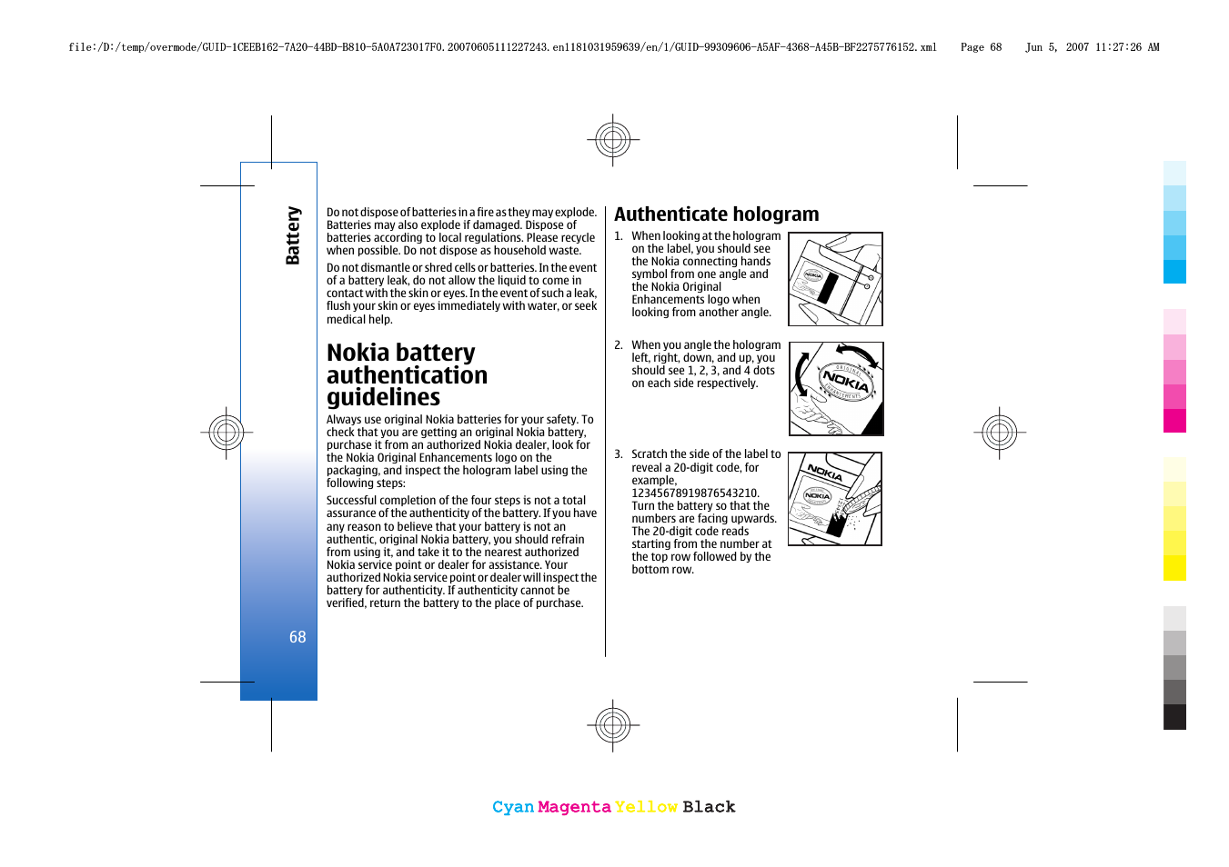 Nokia battery authentication guidelines, Authenticate hologram | Nokia 3109 User Manual | Page 70 / 86