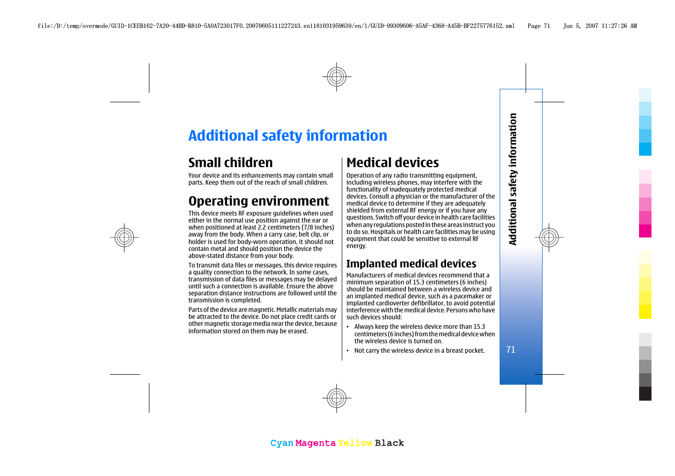 Additional safety information, Small children, Operating environment | Medical devices, Implanted medical devices | Nokia 3109 User Manual | Page 73 / 86