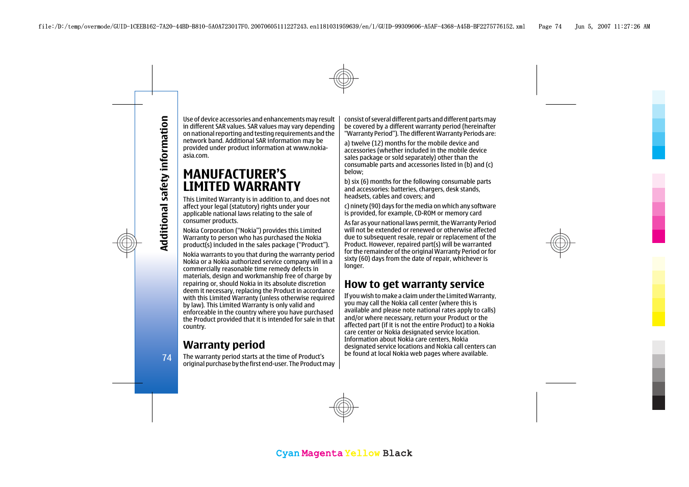 Manufacturer’s limited warranty, Warranty period, How to get warranty service | Nokia 3109 User Manual | Page 76 / 86