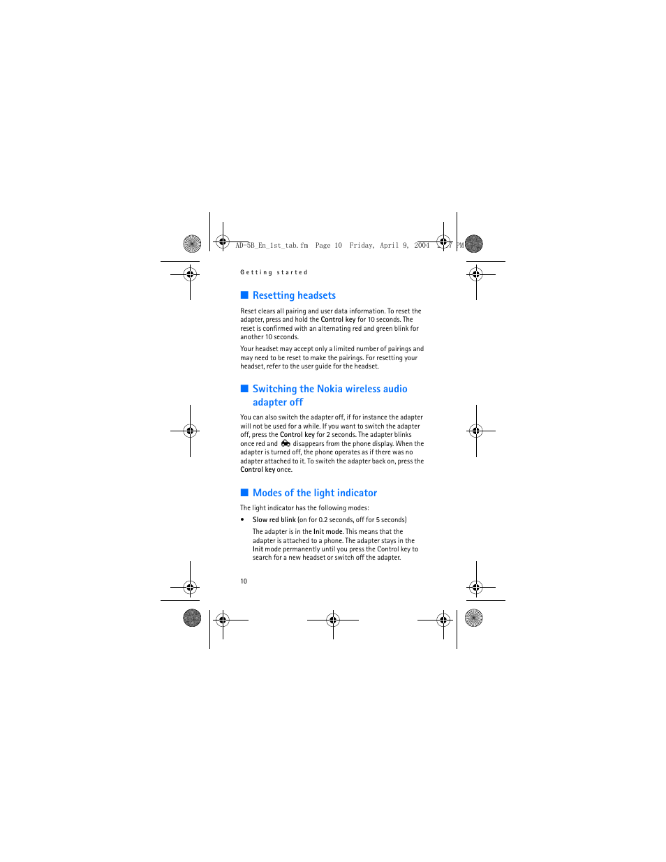 Resetting headsets, Switching the nokia wireless audio adapter off, Modes of the light indicator | Nokia AD-5B User Manual | Page 10 / 16