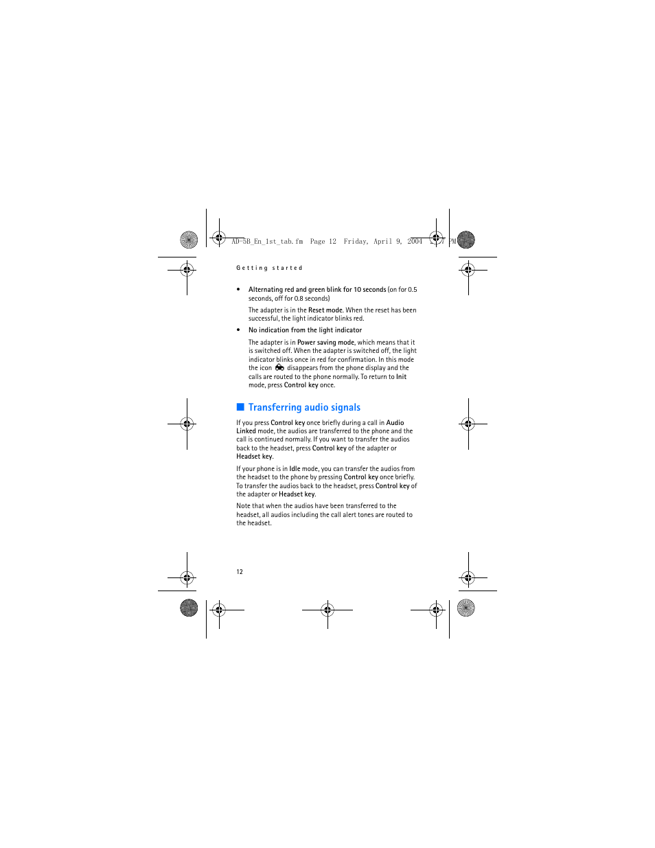 Transferring audio signals | Nokia AD-5B User Manual | Page 12 / 16
