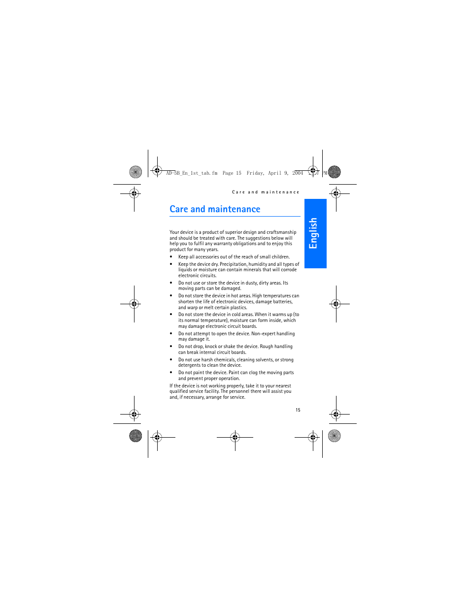 English, Care and maintenance | Nokia AD-5B User Manual | Page 15 / 16